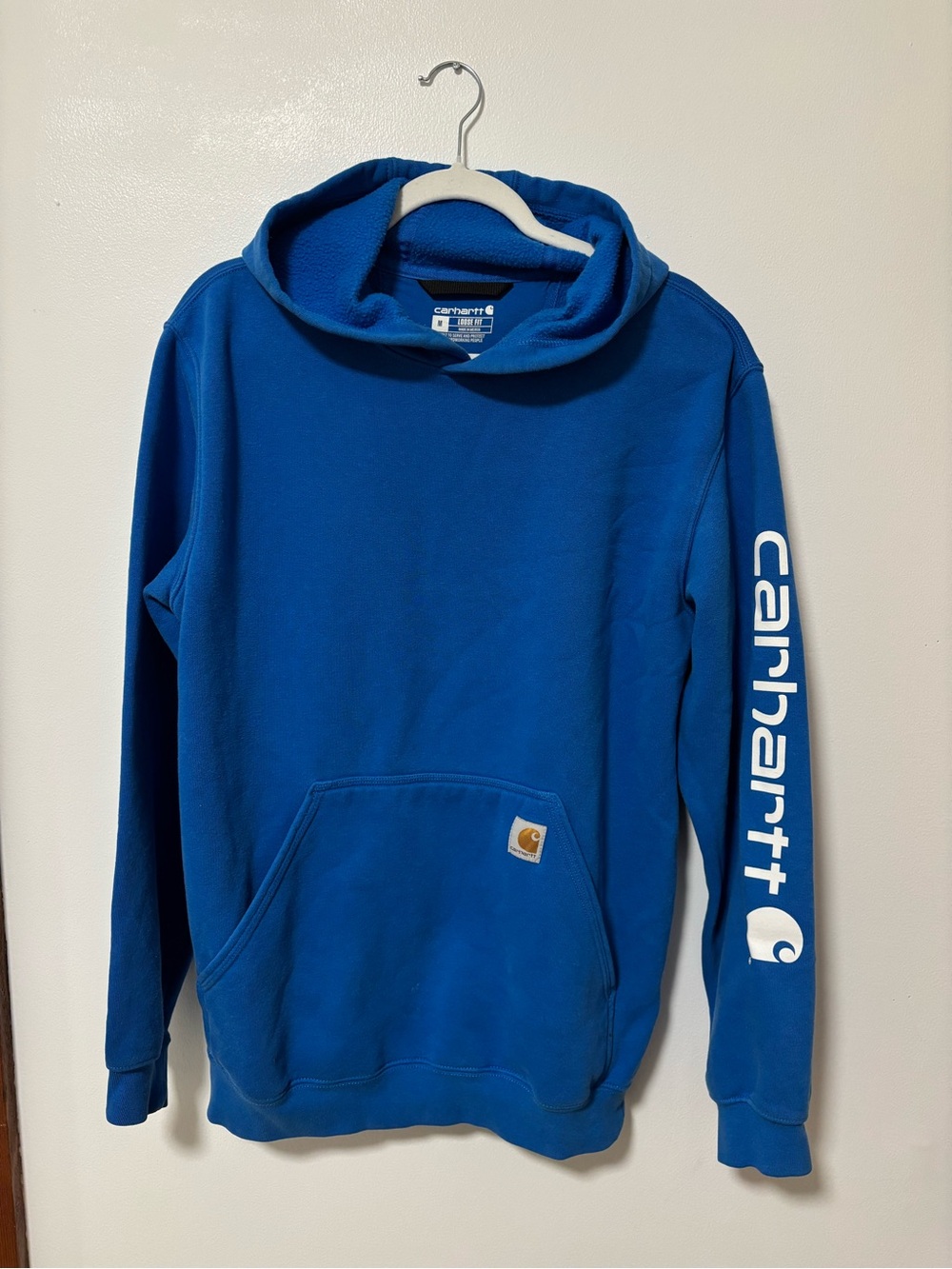 Carhartt Men's Crewneck Hoodie in Royal Blue with White Sleeve Logo